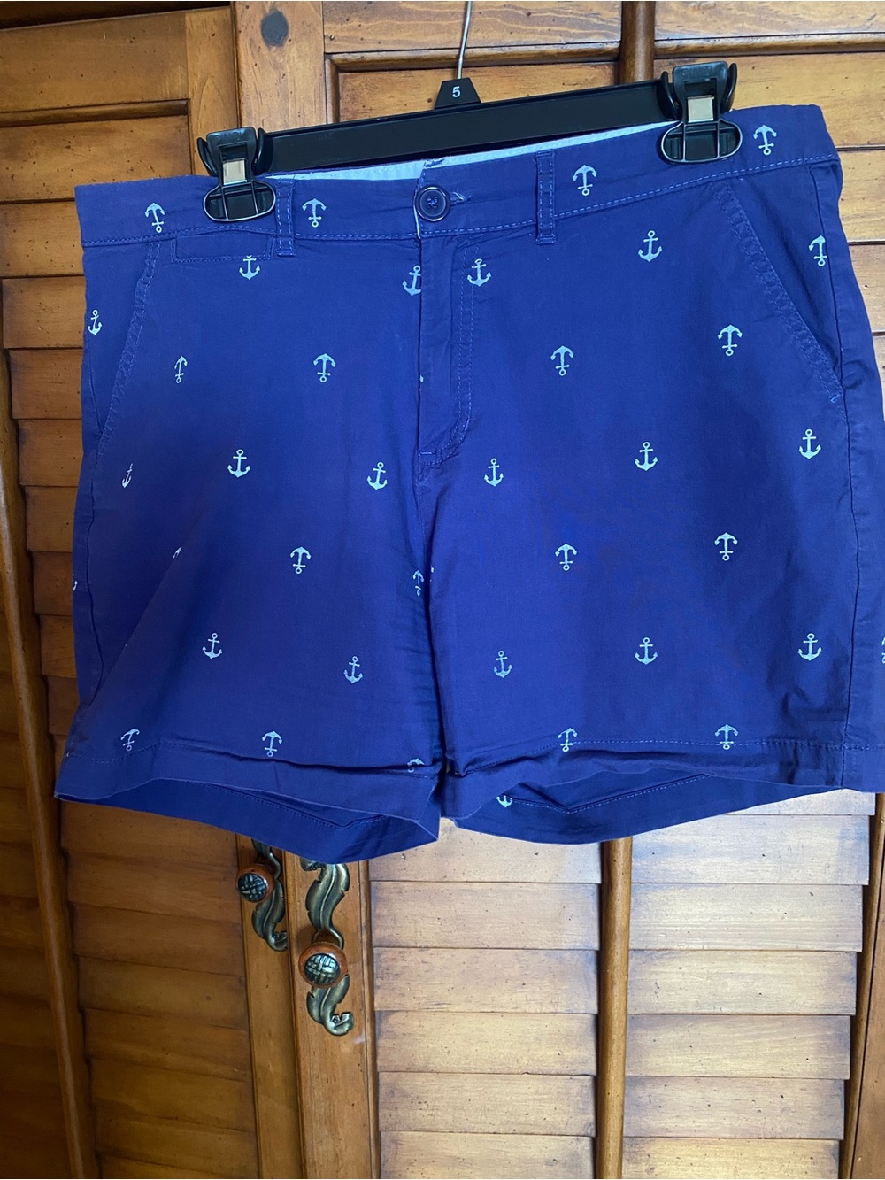 fresh Navy Blue Anchor-Embroidered Women’s Flat Front Shorts